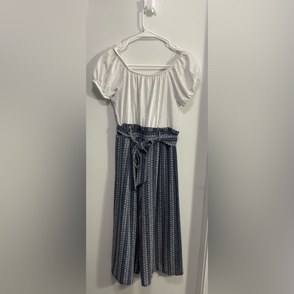 Girls White and Blue Patterned Dress Romper